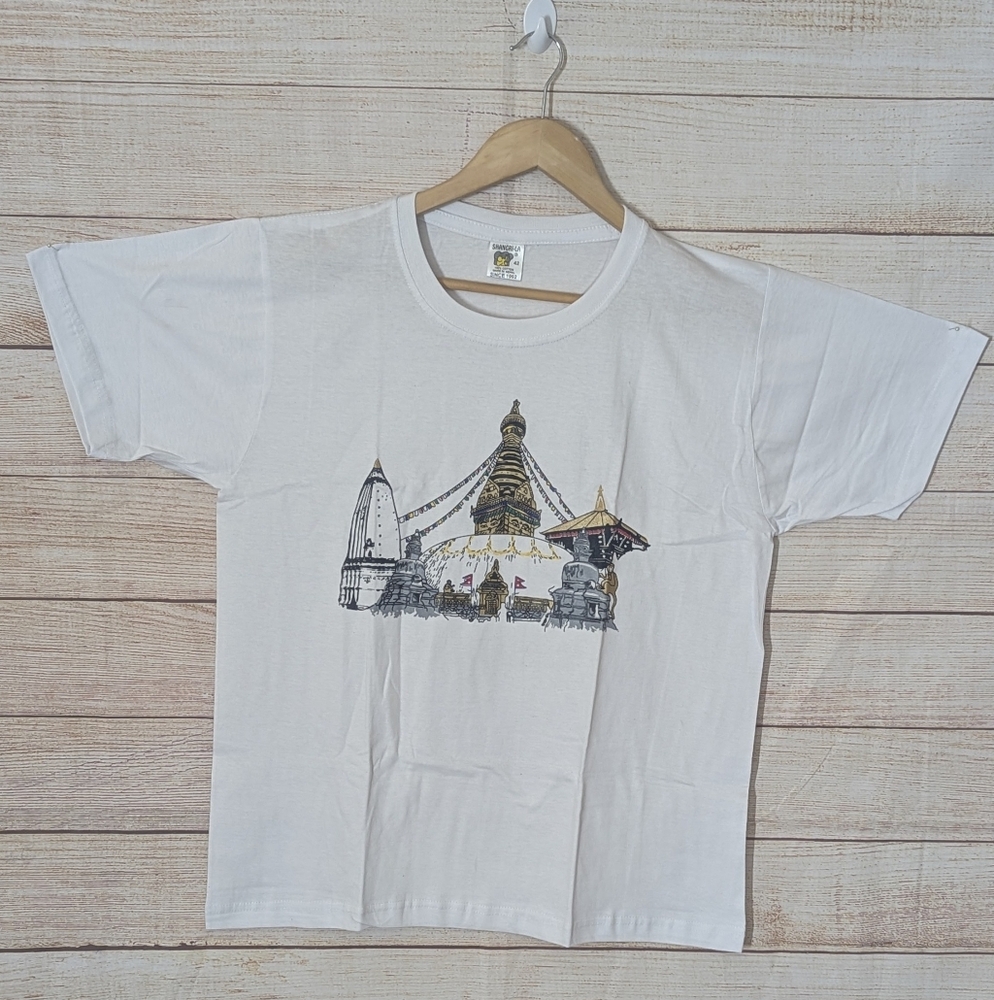 Unisex Size 42 White 100%Cotton Top Lord Swyambhu Stupa Print  T-shirt New